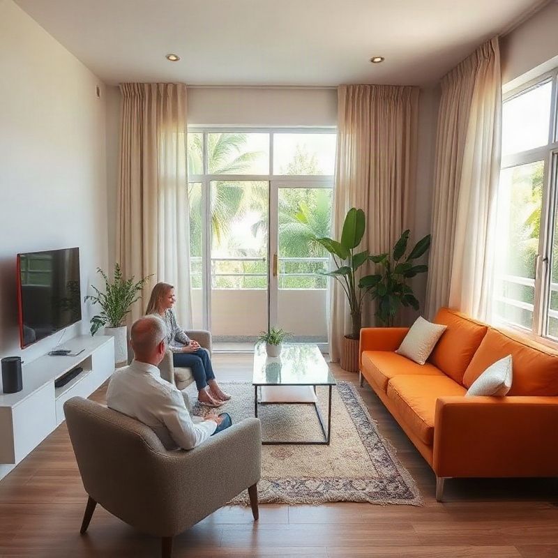 Corretora mostrando a sala de um apartamento a visitantes