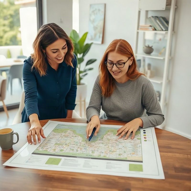 Consultora e cliente examinando mapa de bairros cariocas